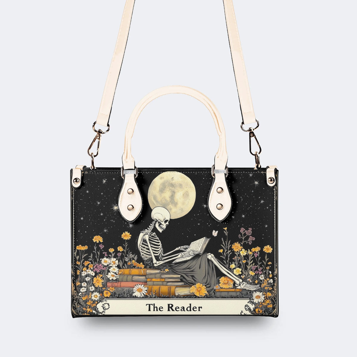 Skeleton Reading A Book Among Flowers - Leather Handbag