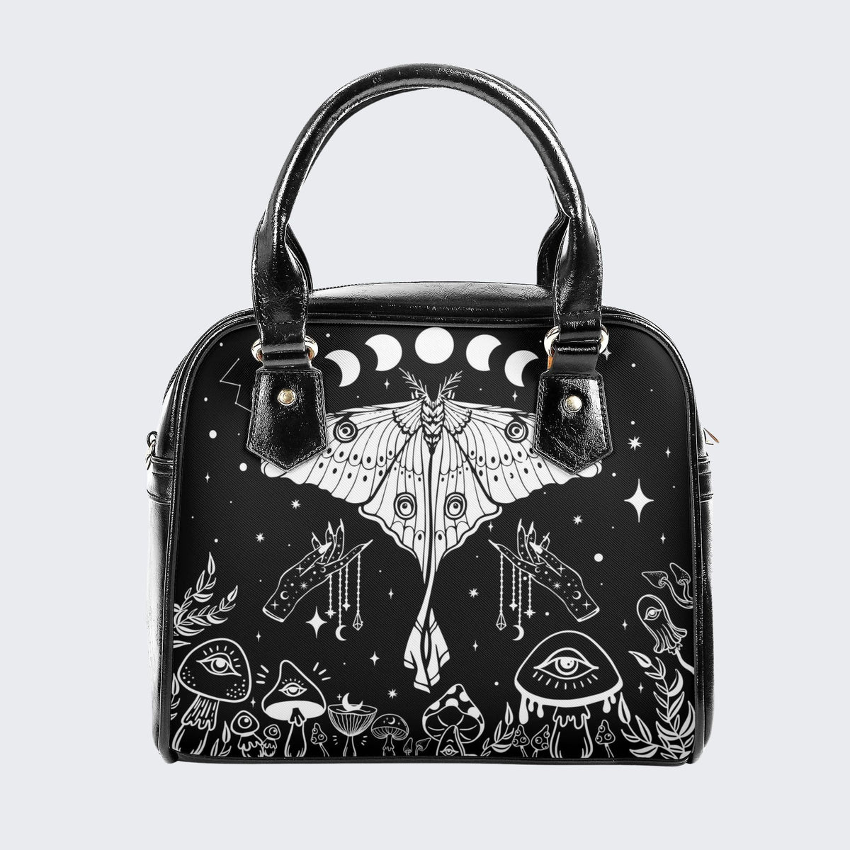 White Moth On Mushroom Bush - Leather Shoulder Handbag