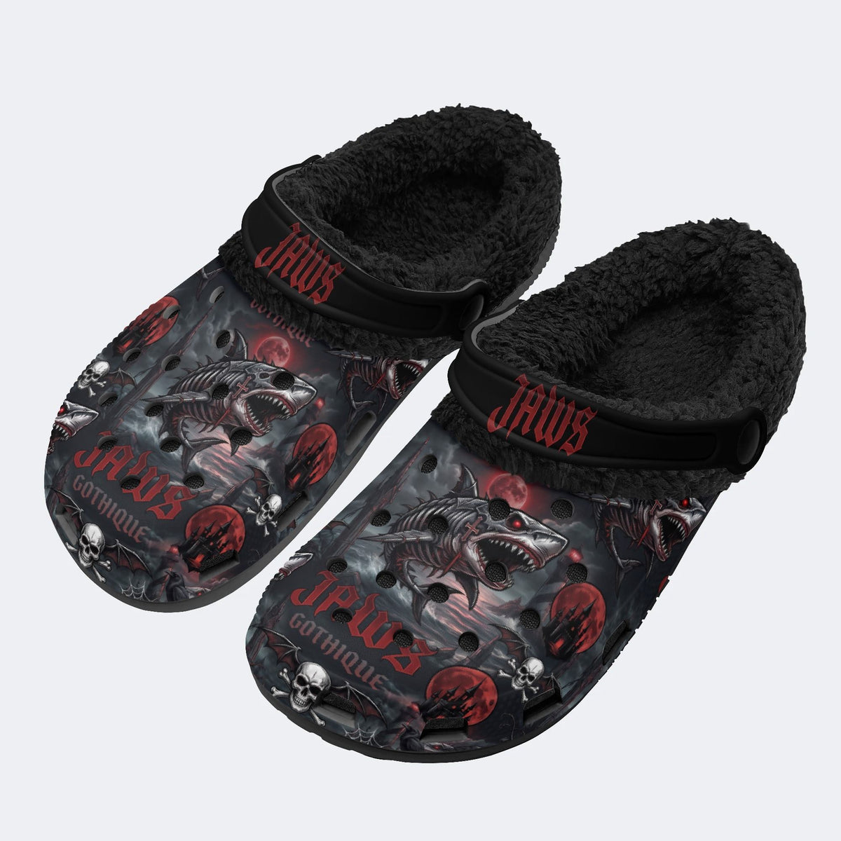 Gothic Skeleton Shark Skull Blood Moon Castle - Fur Lined Slippers/Sandals