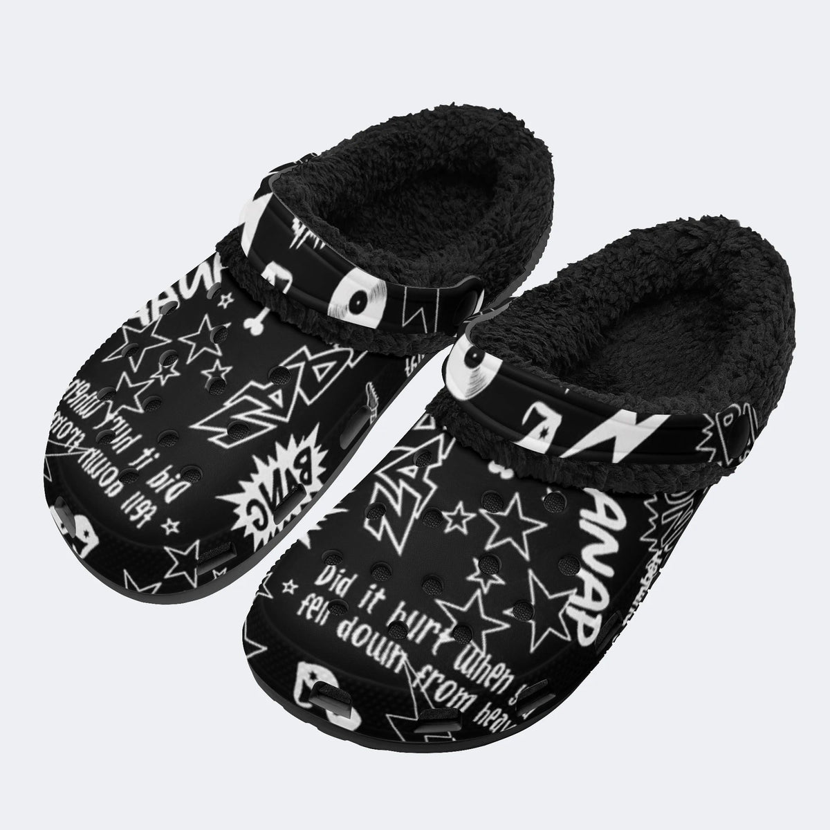 Black White Punk Text - Fur Lined Slippers/Sandals