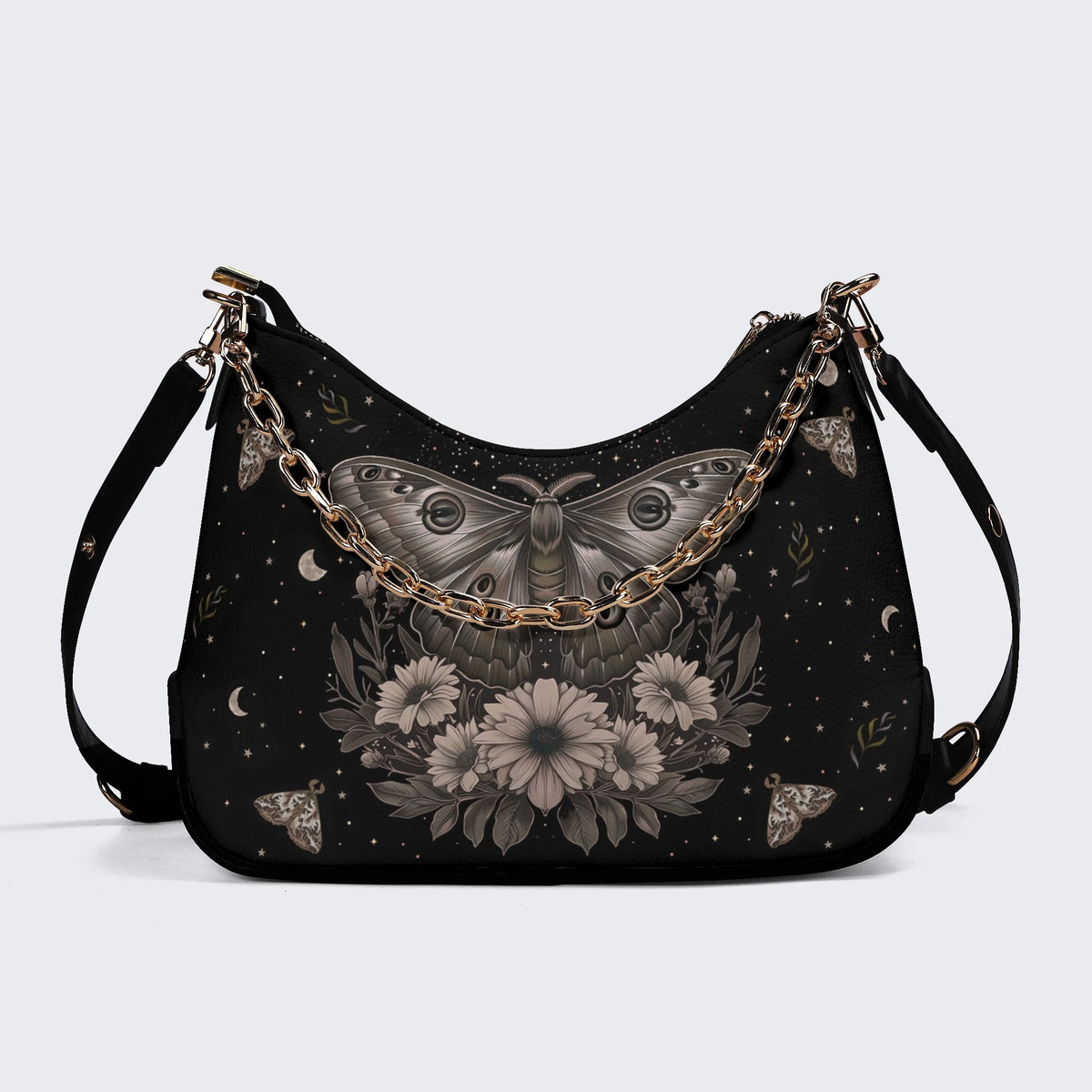Retro Dark Moth Print - Leather Crossbody Bag