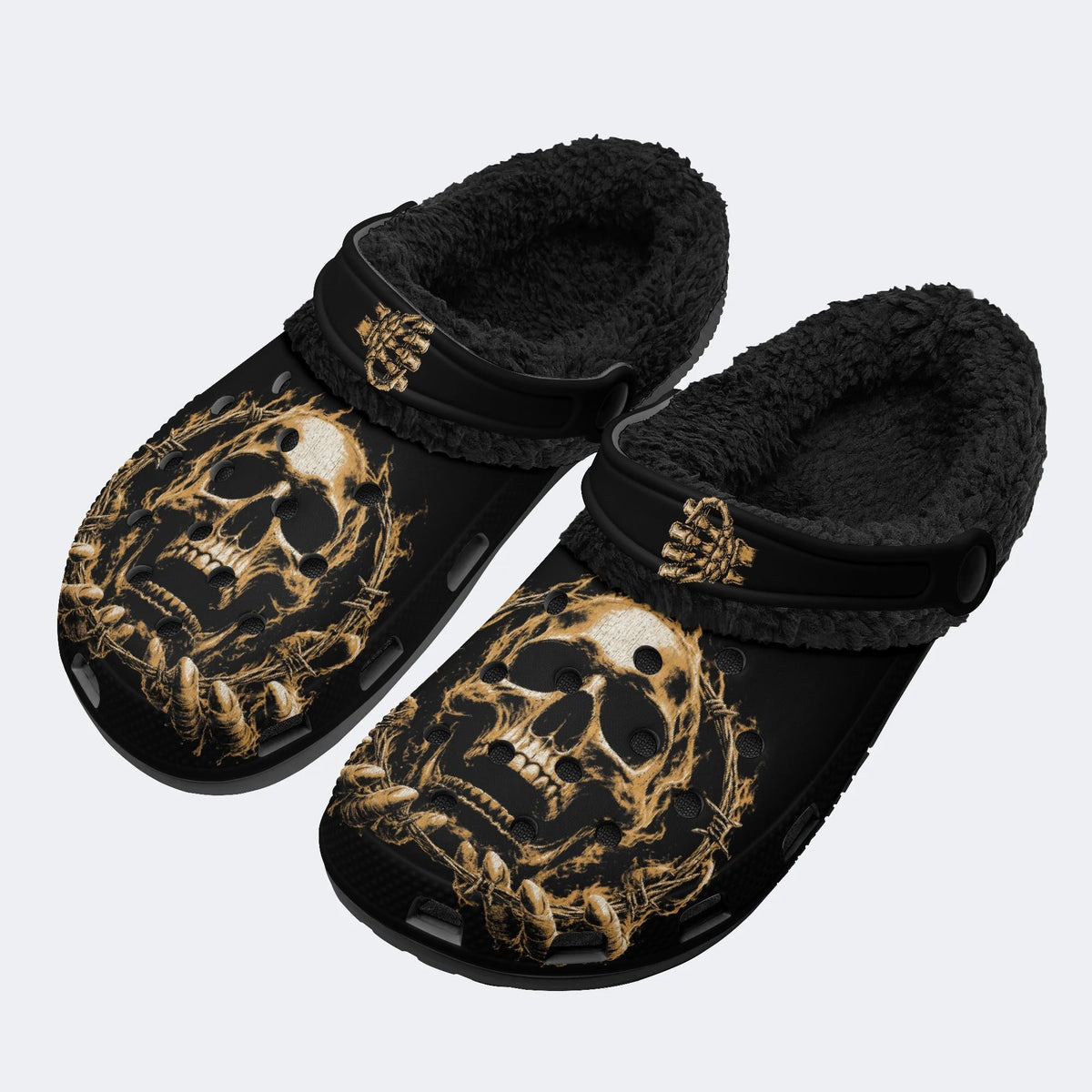 Golden Flame Skull‑Fur Lined Slippers Sandals
