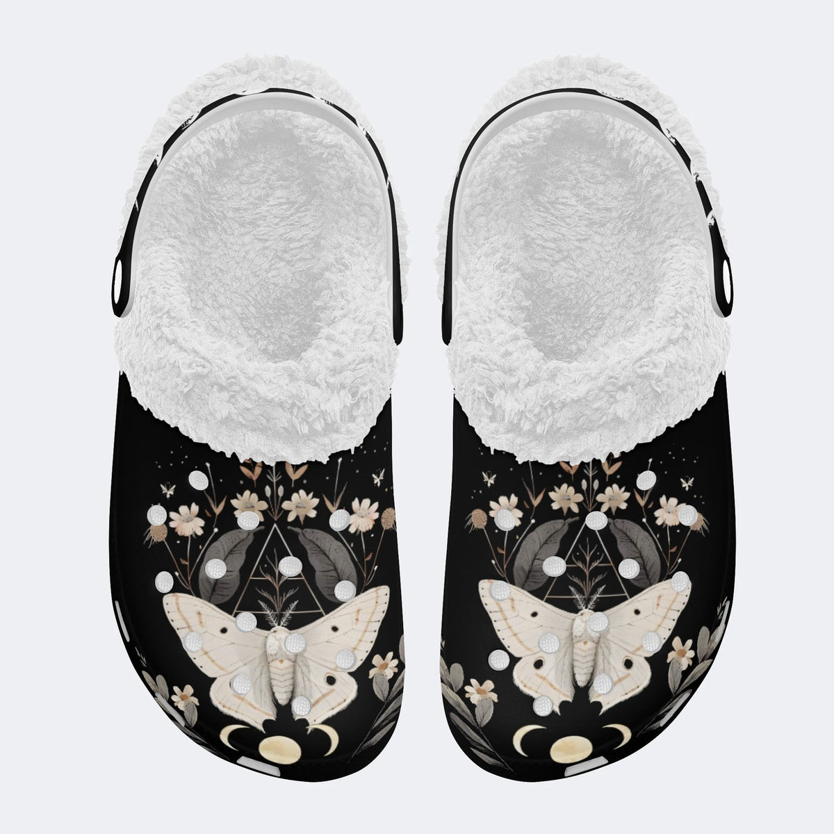 Vintage Floral Moth Print - Fur Lined Slippers/Sandals