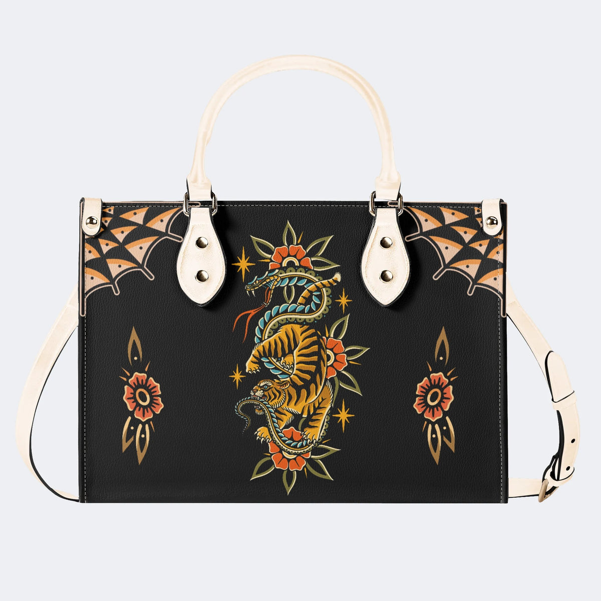 Vintage Snake And Tiger Print - Leather Handbag