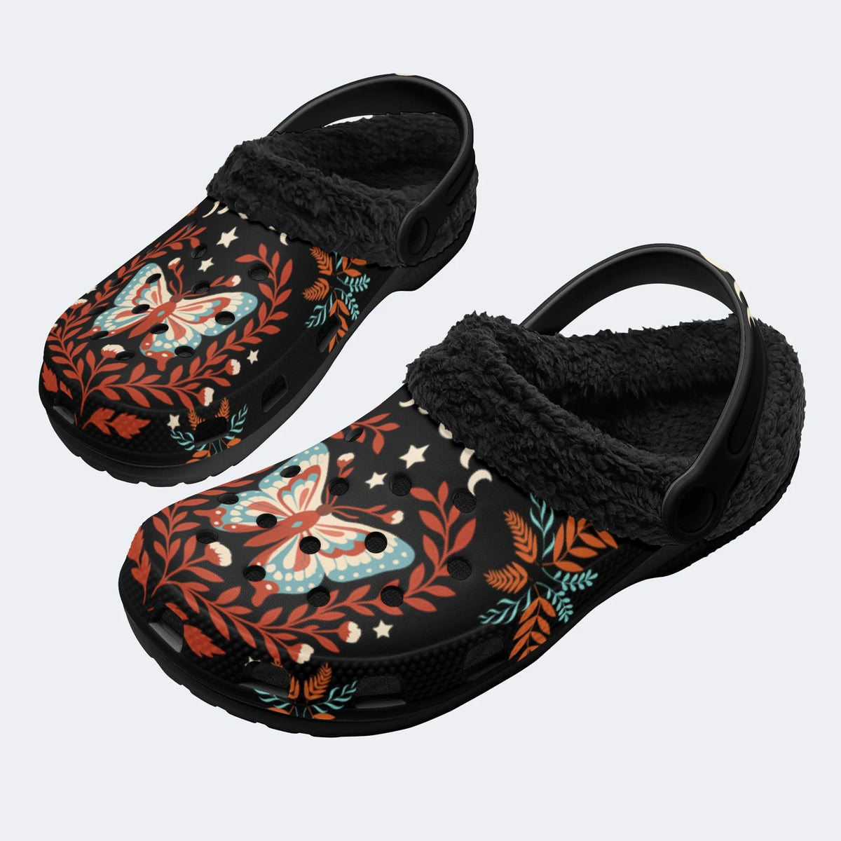 Moth And Leaf Print - Fur Lined Slippers/Sandals