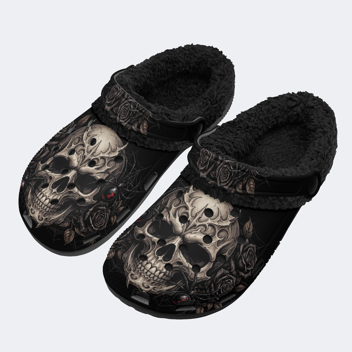 Dark Gothic Rose‑Fur Lined Slippers Sandals