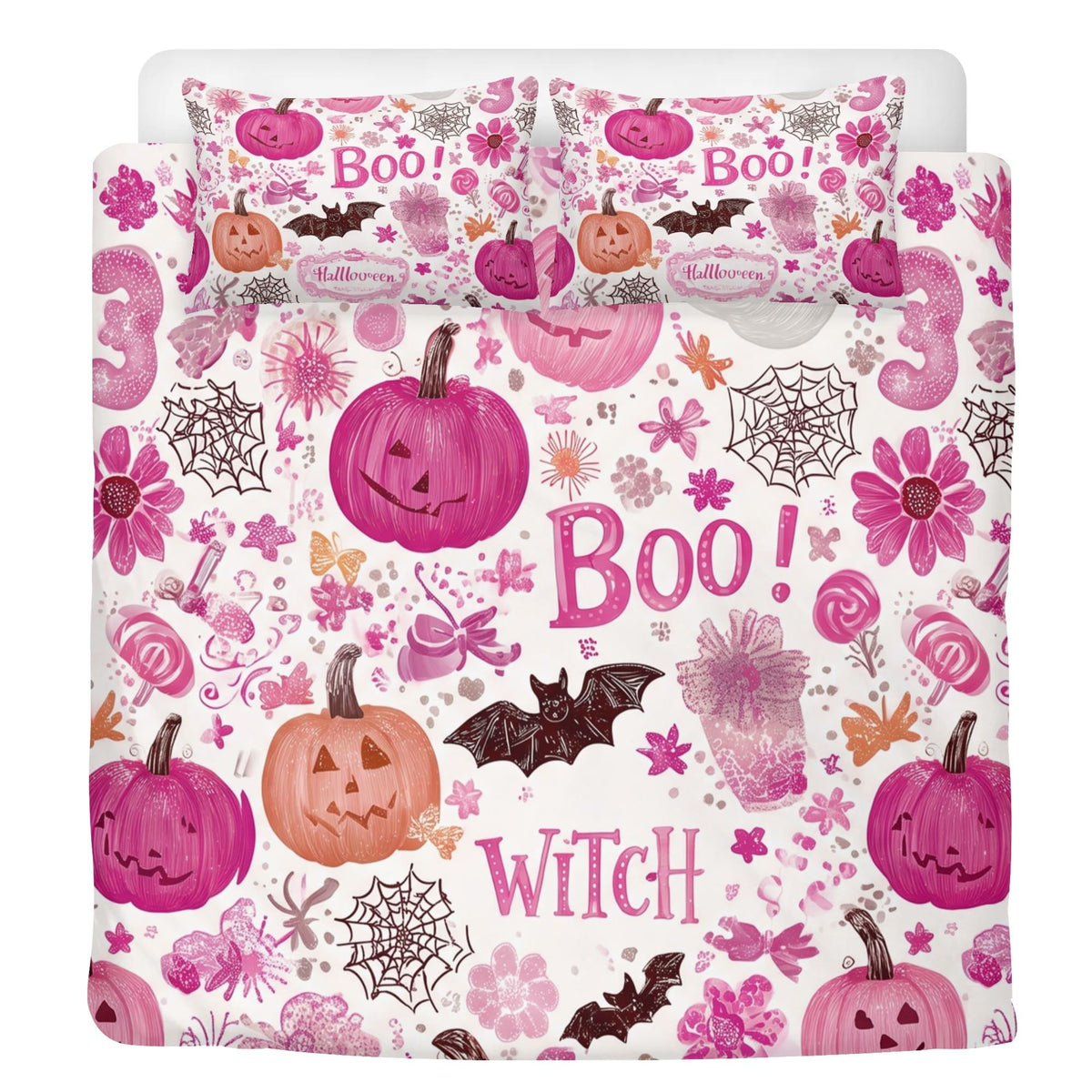 Pink Halloween Boo Print - Three Piece Bedding Set