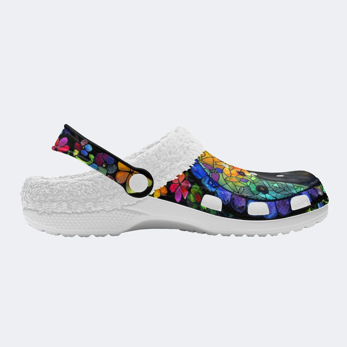 Colorful Glass And Black Cat - Fur Lined Slippers/Sandals