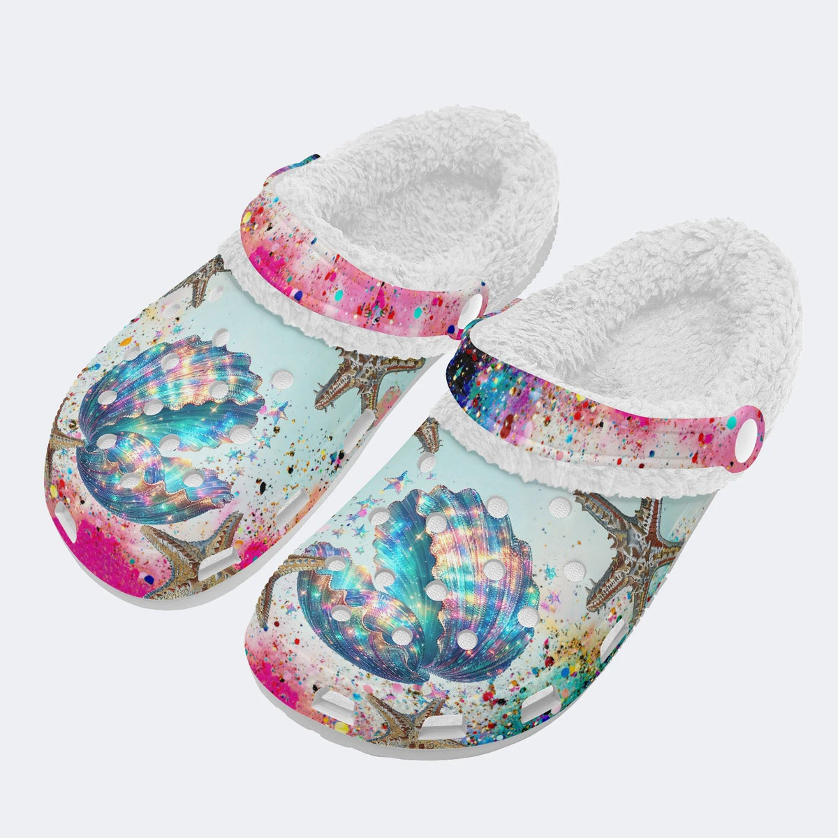 Colorful shells and starfish - Fur Lined Slippers/Sandals