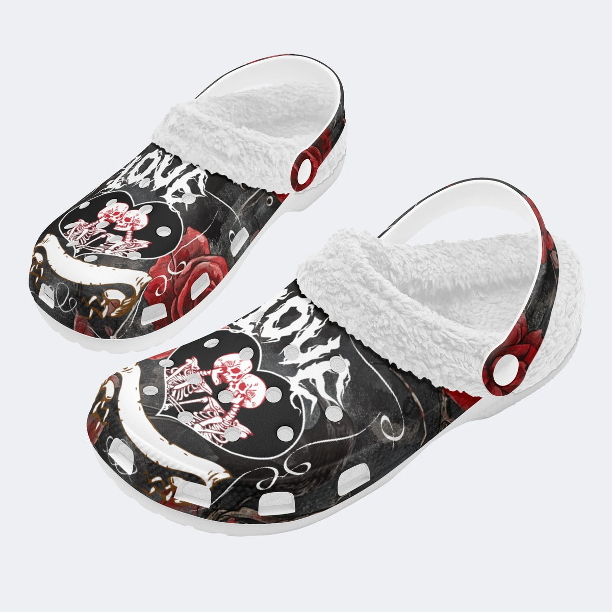 Personalized Couple Name Romantic Skeleton Hug Print - Fur Lined Slippers/Sandals