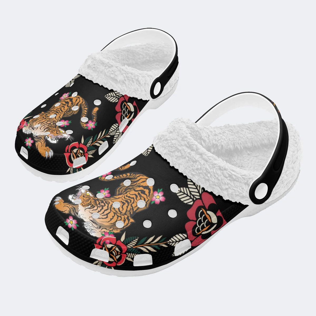 Tiger With Flowers Print - Fur Lined Slippers/Sandals