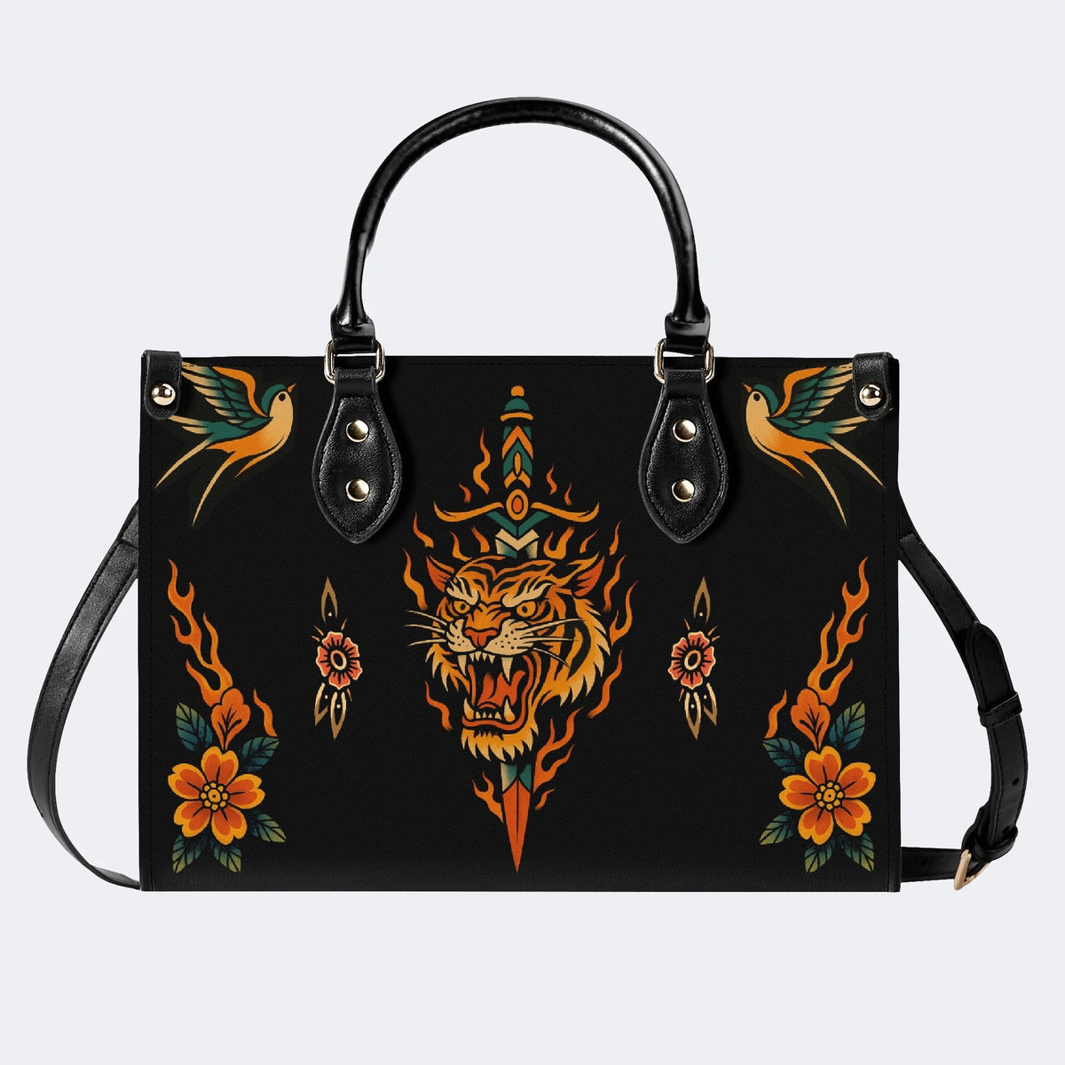 Old School Flame Tiger Print - Leather Handbag