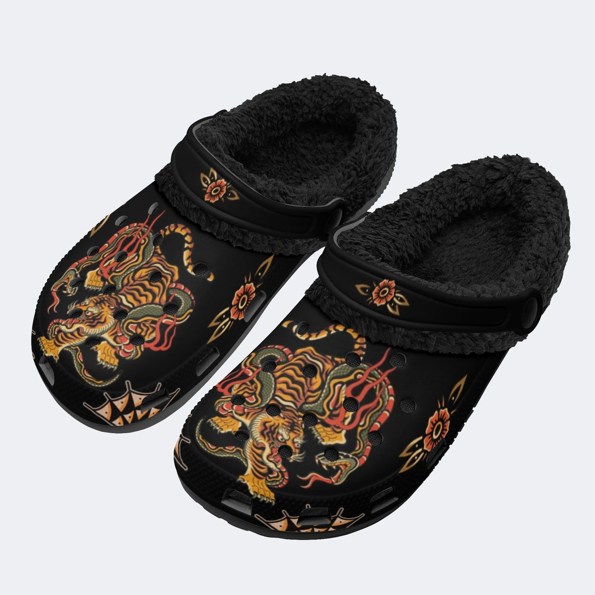 Old School Tiger & Snake Print - Fur Lined Slippers/Sandals
