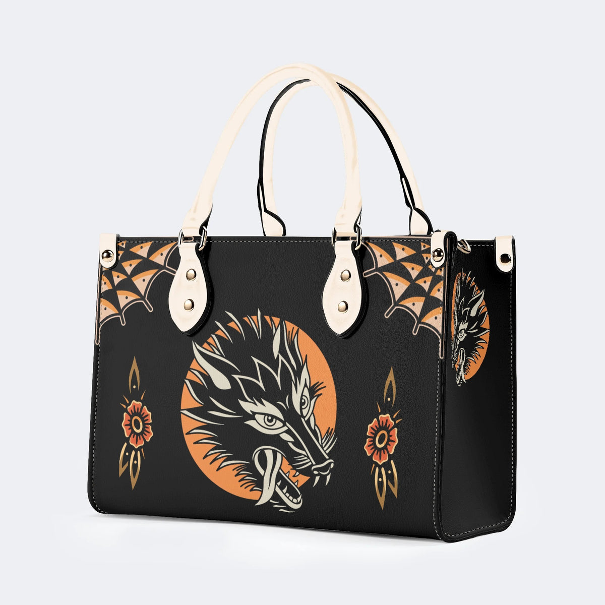 Screaming Wolf Vintage Print - Leather Handbag