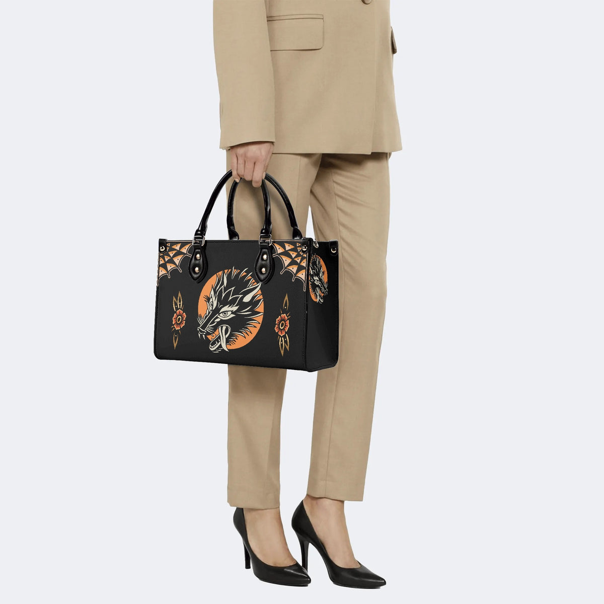 Screaming Wolf Vintage Print - Leather Handbag