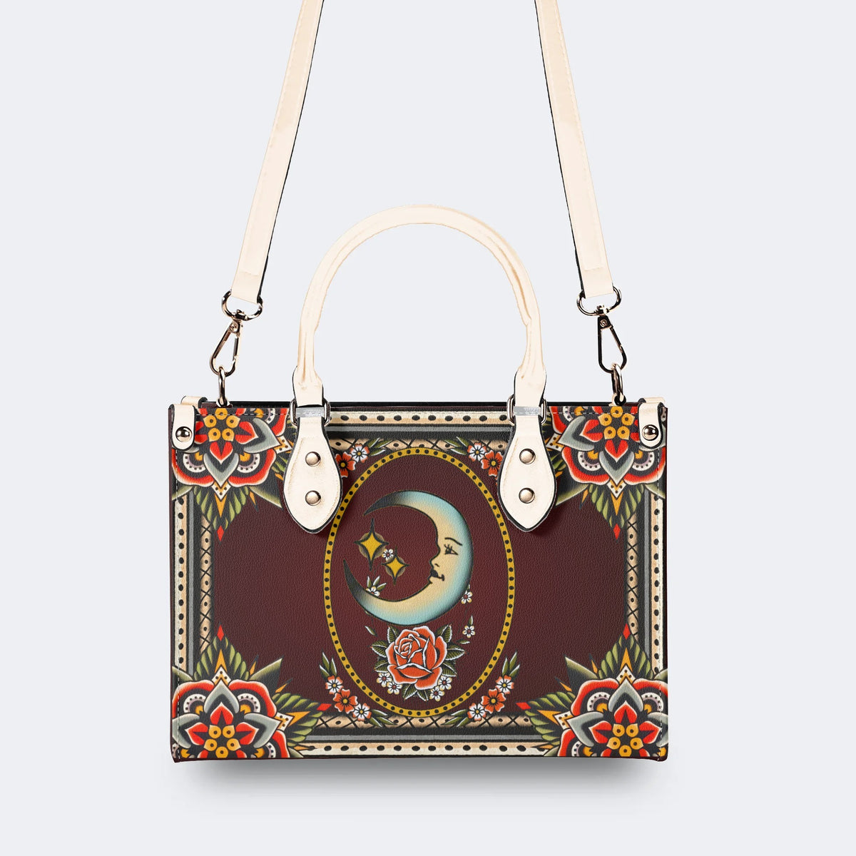 Vintage Smiling Sun Print - Leather Handbag