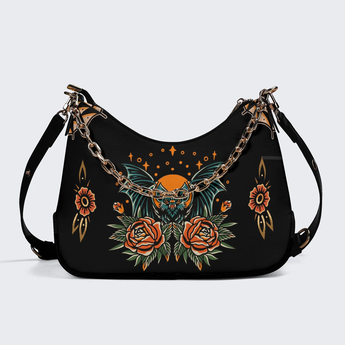 Bat And Flowers Retro Print - Leather Crossbody Bag