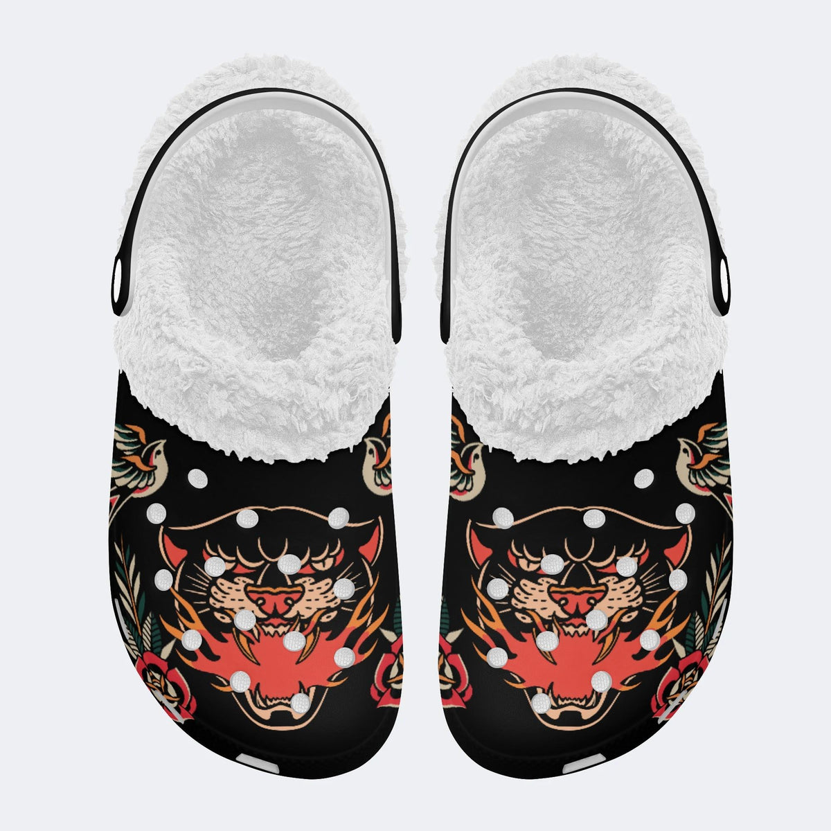 Old School Leopard Tattoo Print - Fur Lined Slippers/Sandals