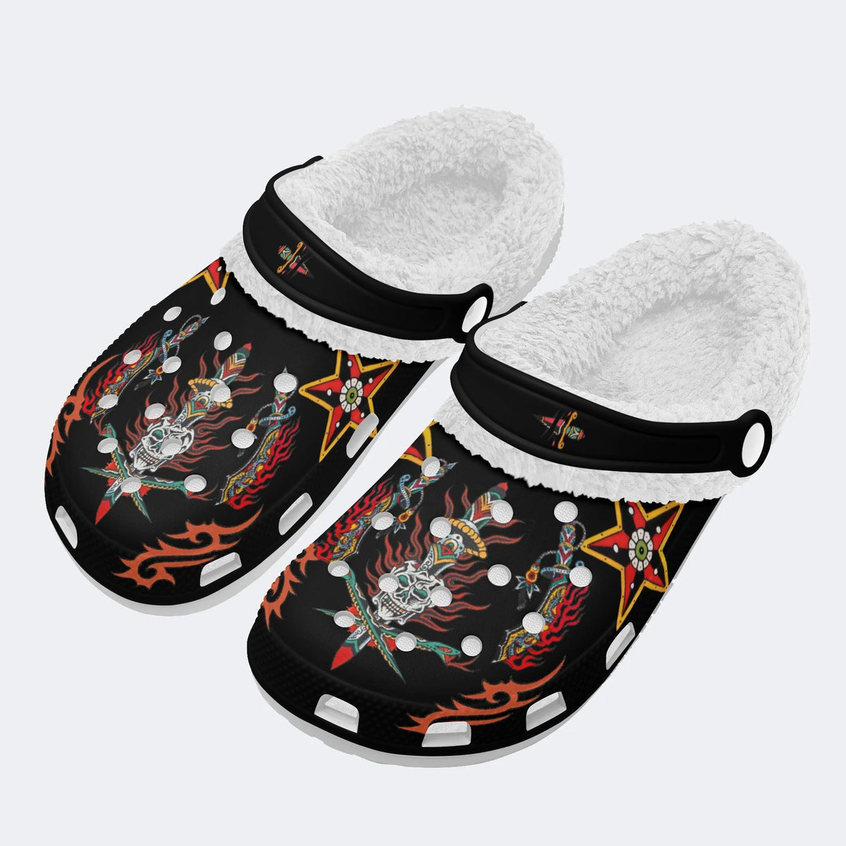 Flaming Skull Dagger Print - Fur Lined Slippers/Sandals