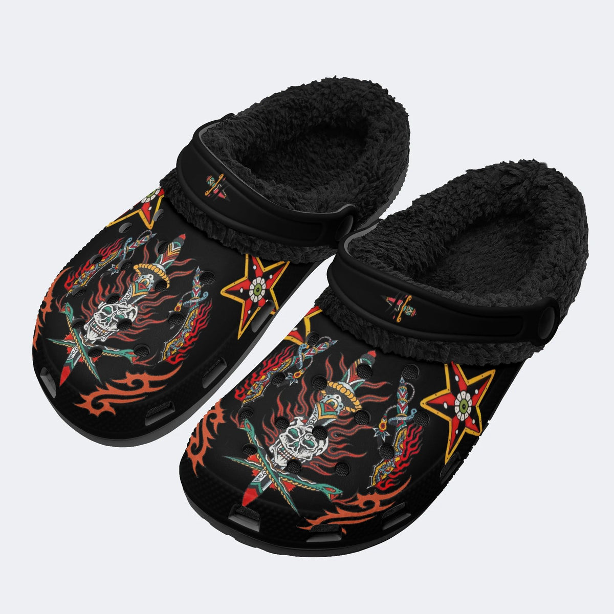 Flaming Skull Dagger Print - Fur Lined Slippers/Sandals