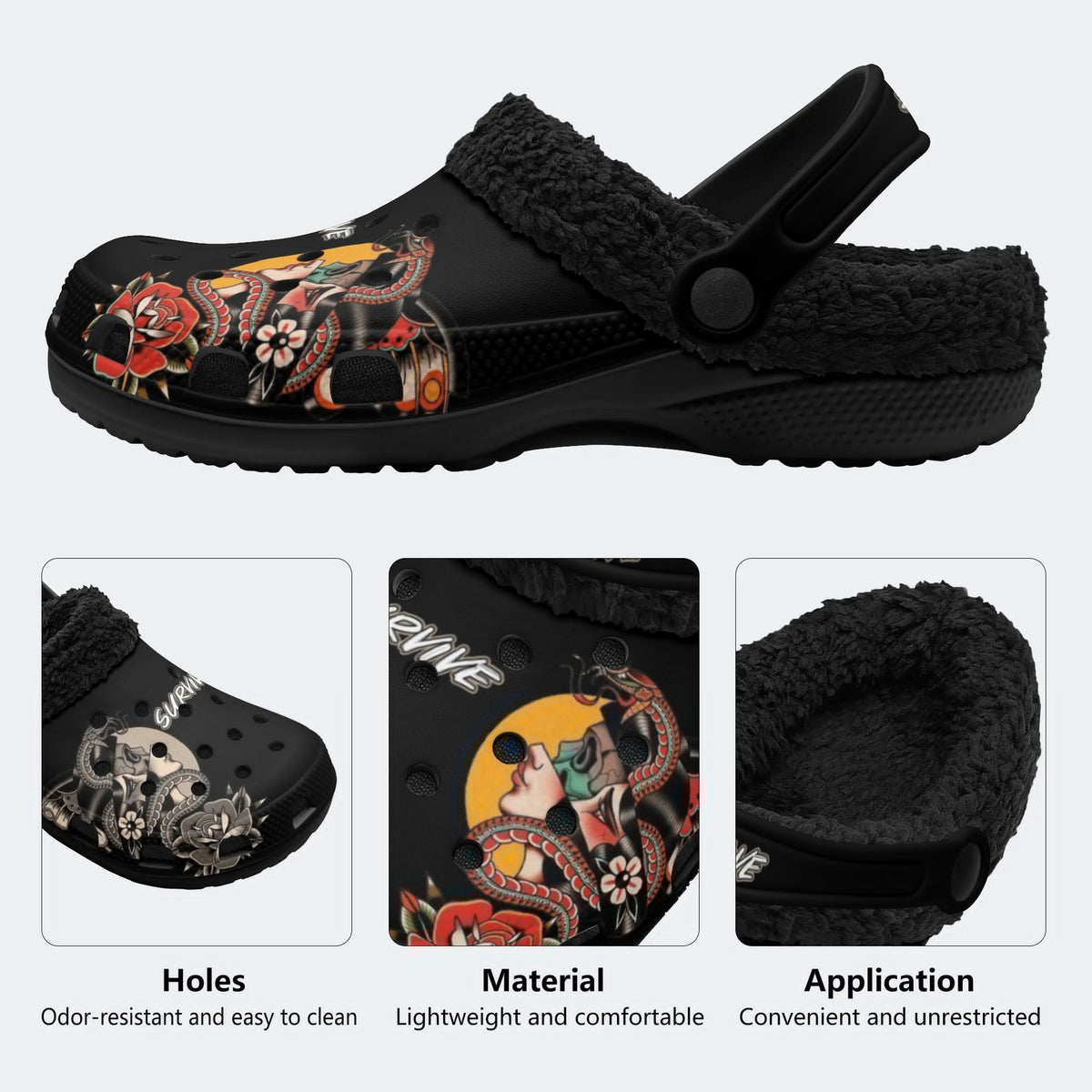 Snake&Figure&Letter&Floral Print - Fur Lined Slippers