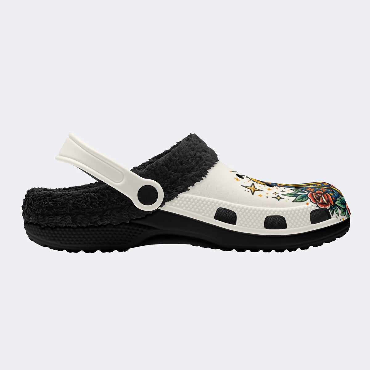 Gothic Santa Muerte Skull Rose - Fur Lined Slippers/Sandals