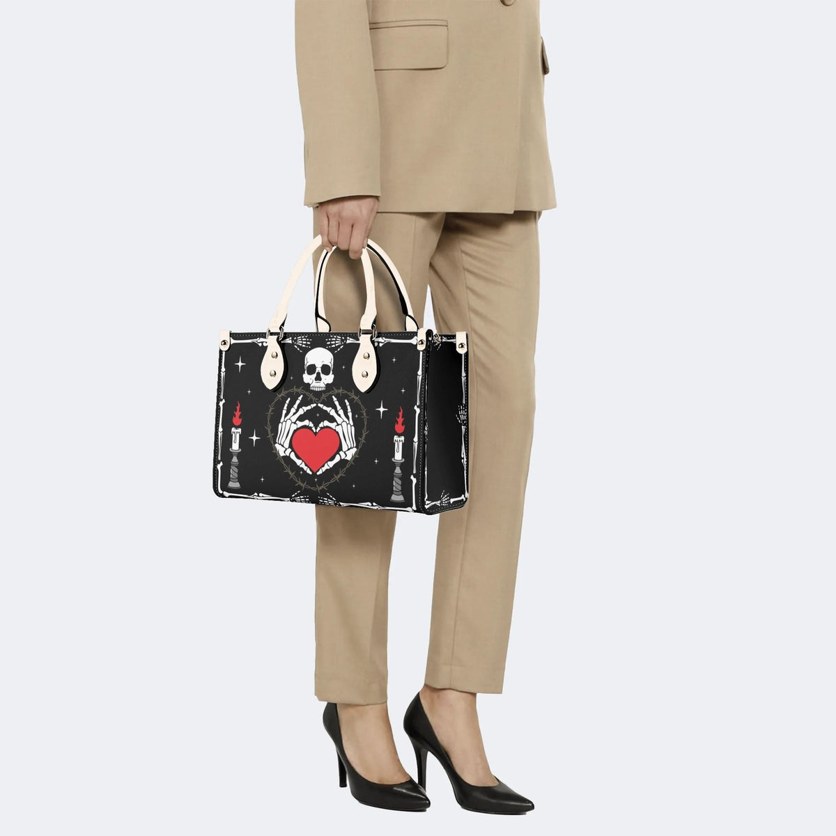 Retro Skull Heart Print - Leather Handbag