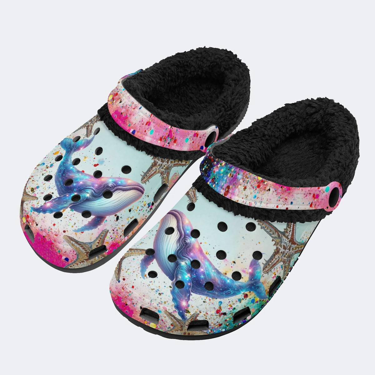Colorful Whale And Starfish - Fur Lined Slippers/Sandals