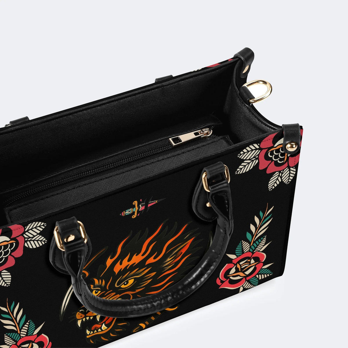 Wolf Head Print - Leather Handbag