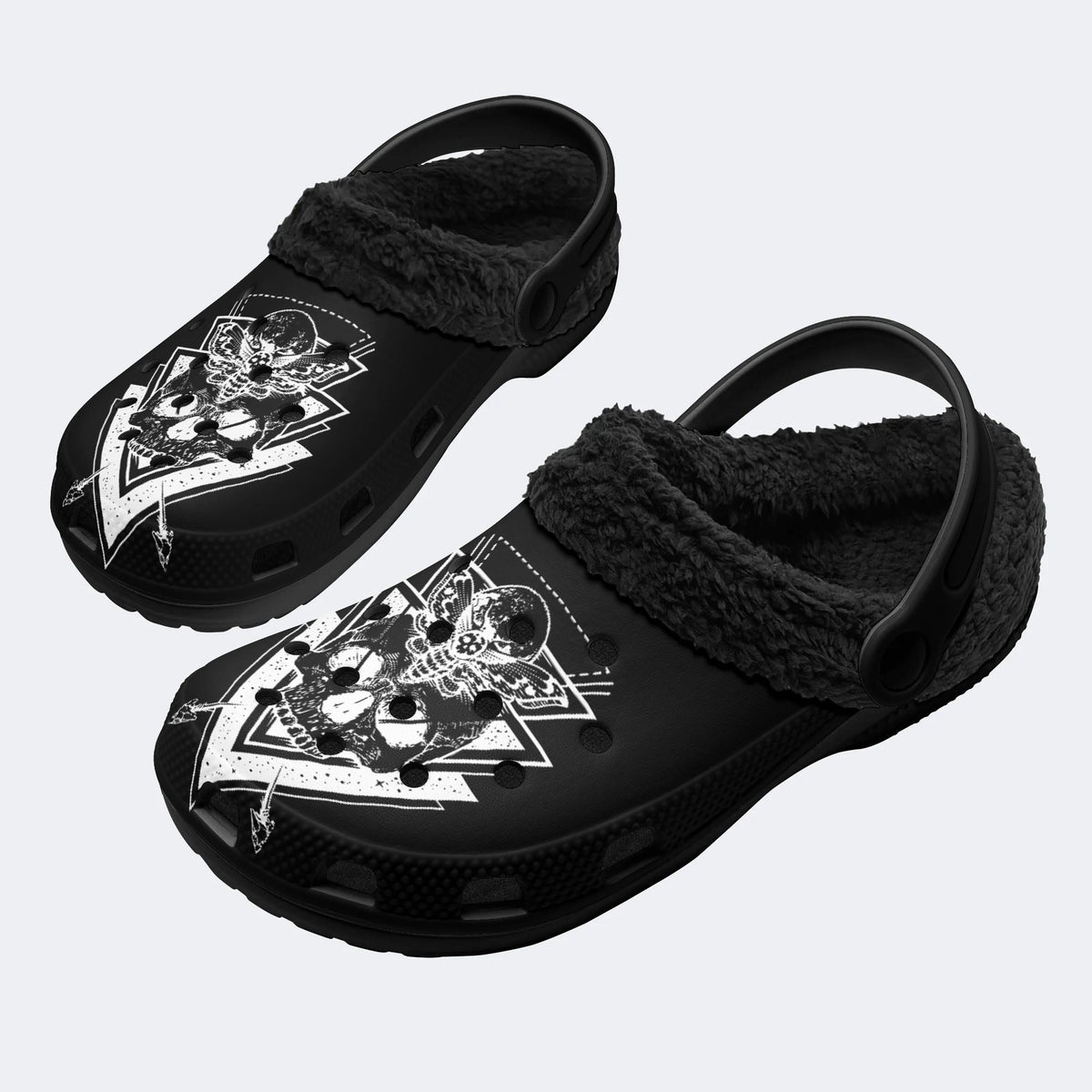 Classic Death Moth Skull Print - Fur Lined Slippers/Sandals