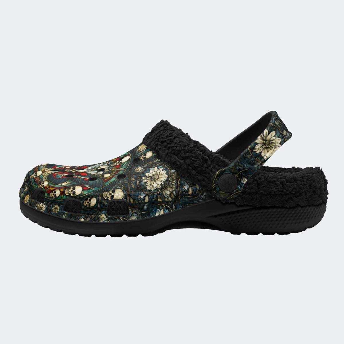 Skull And Moth Print - Fur Lined Slippers/Sandals