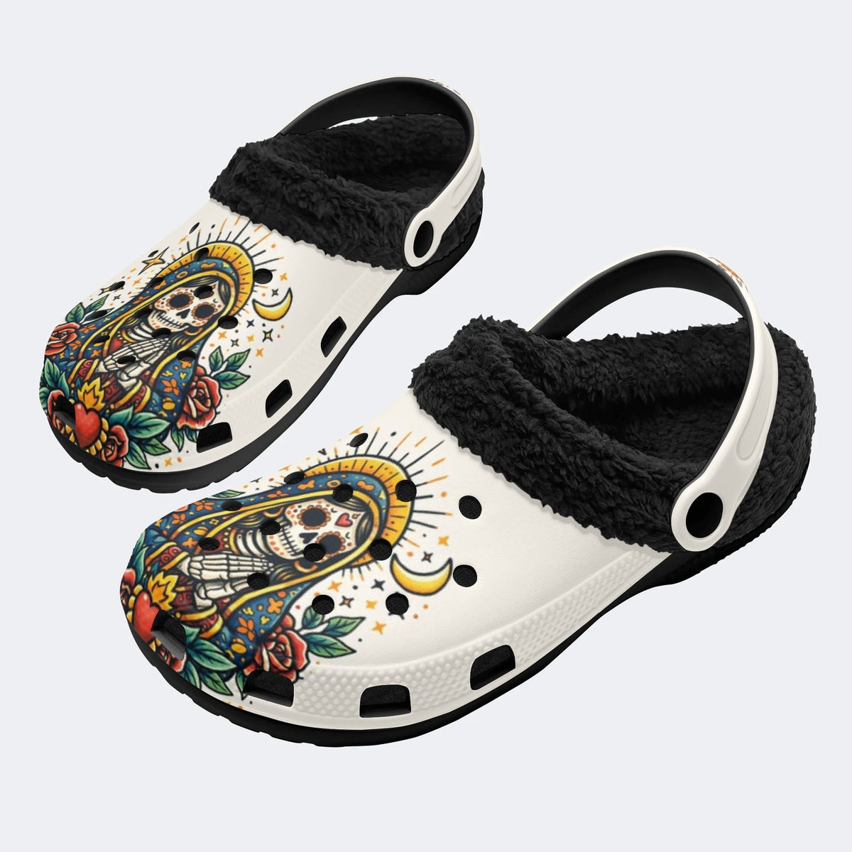 Gothic Santa Muerte Skull Rose - Fur Lined Slippers/Sandals