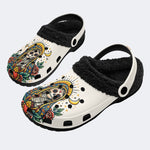 Gothic Santa Muerte Skull Rose - Fur Lined Slippers/Sandals