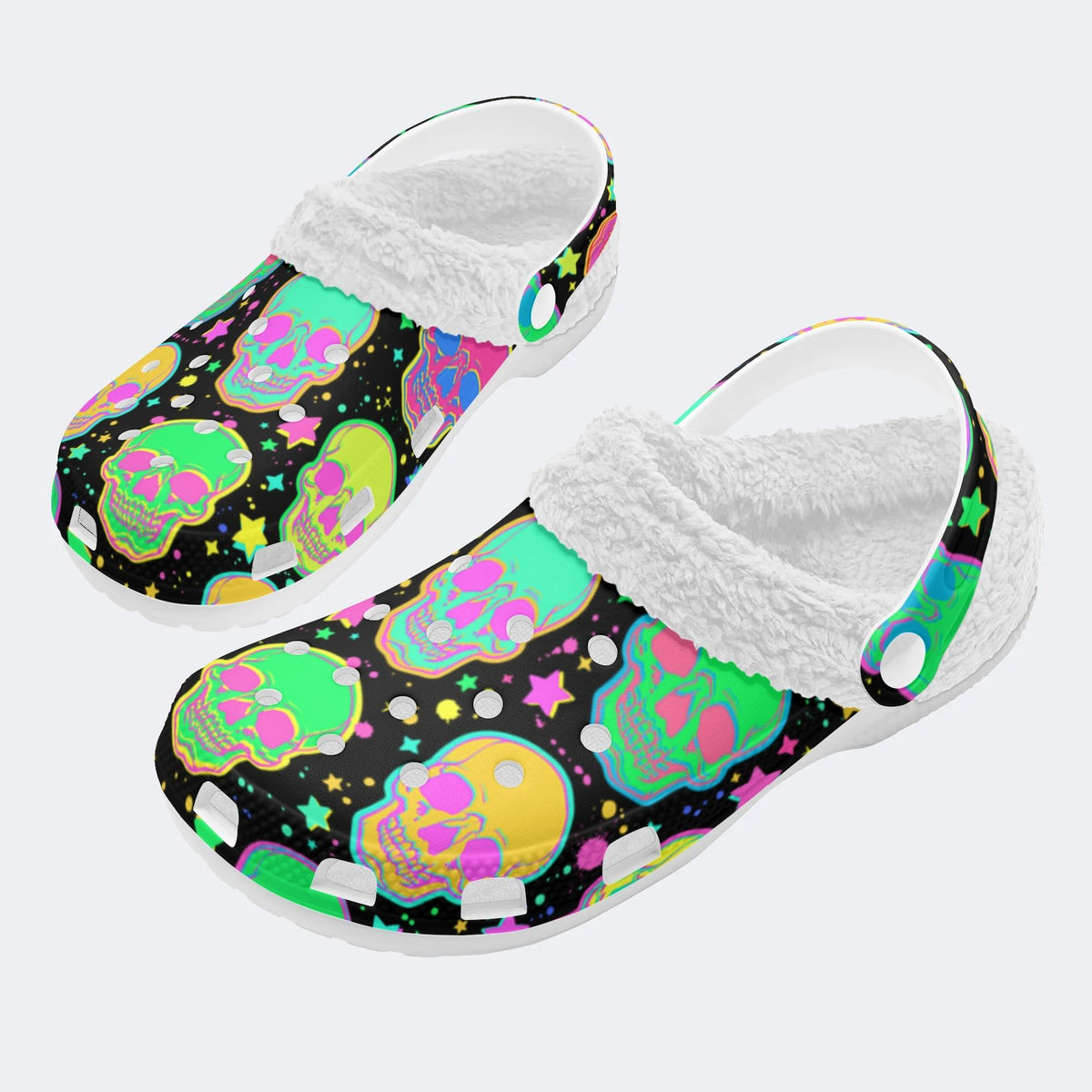 Fluorescent Skull Print- Fur Lined Slippers/Sandals