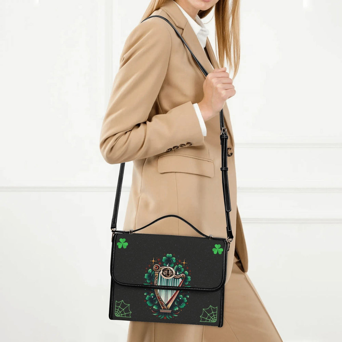 Irish Harp & Shamrocks Print - Leather Satchel Bag
