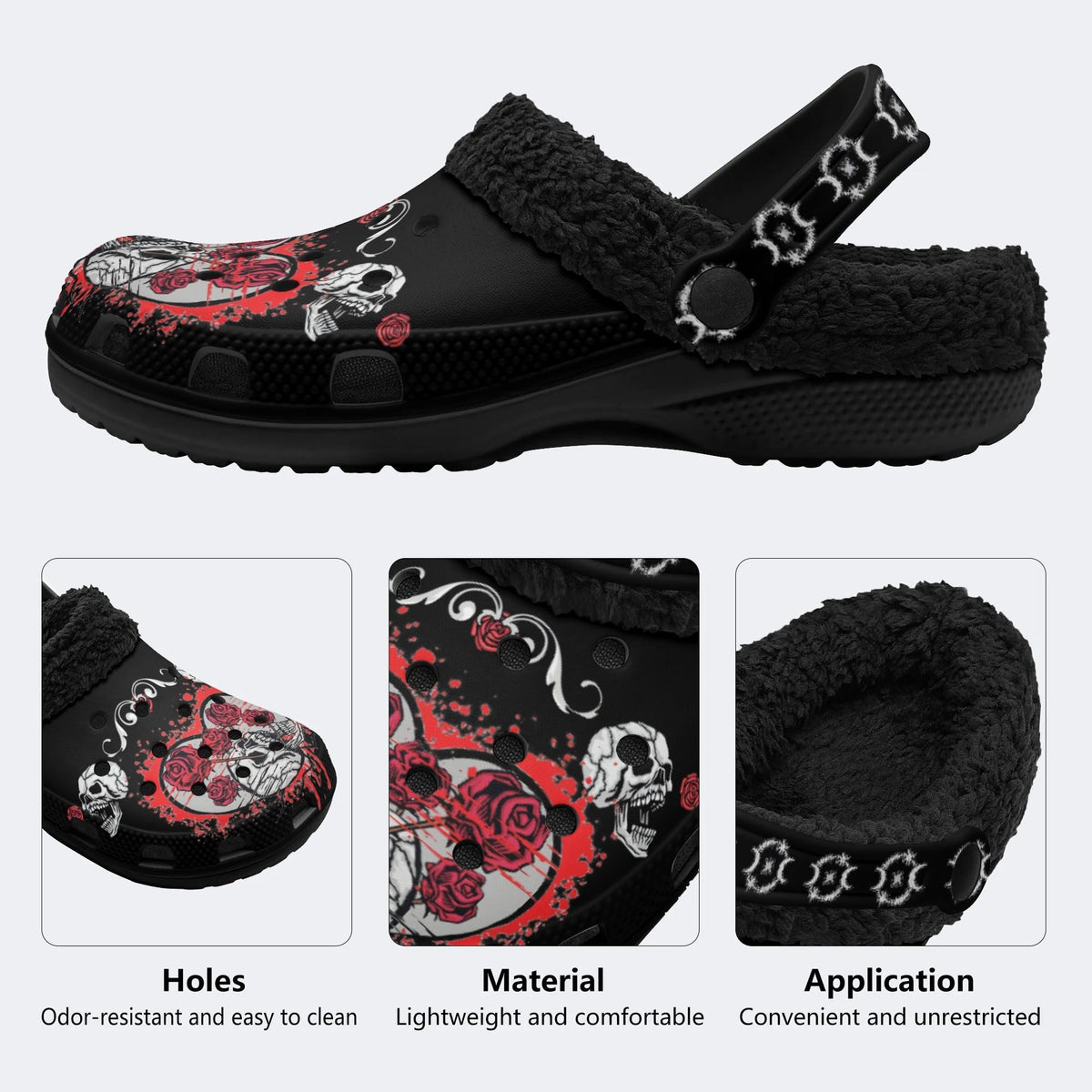 Rose Heart Skull Print - Fur Lined Slippers/Sandals