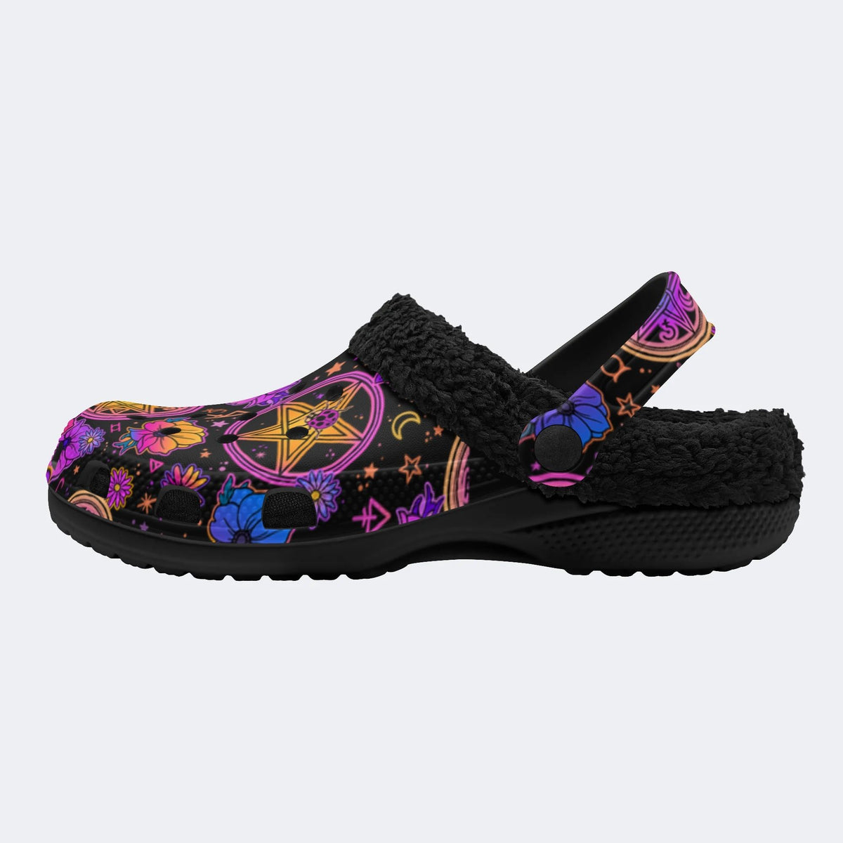 Magical Symbols&Flowers Print- Fur Lined Slippers/Sandals