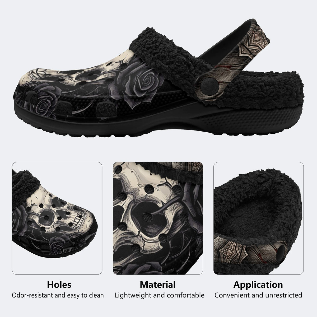 Gothic Skull Black Rose Thorn Vine - Fur Lined Slippers/Sandals