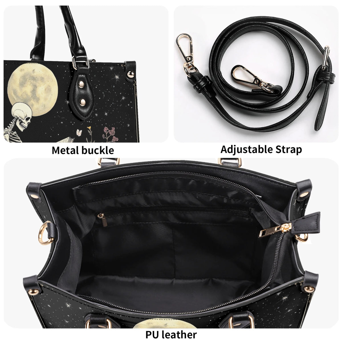 Skeleton Reading A Book Among Flowers - Leather Handbag