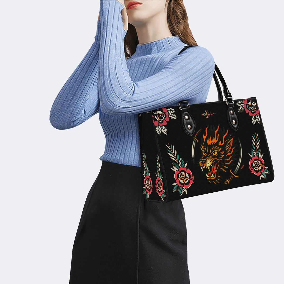 Wolf Head Print - Leather Handbag