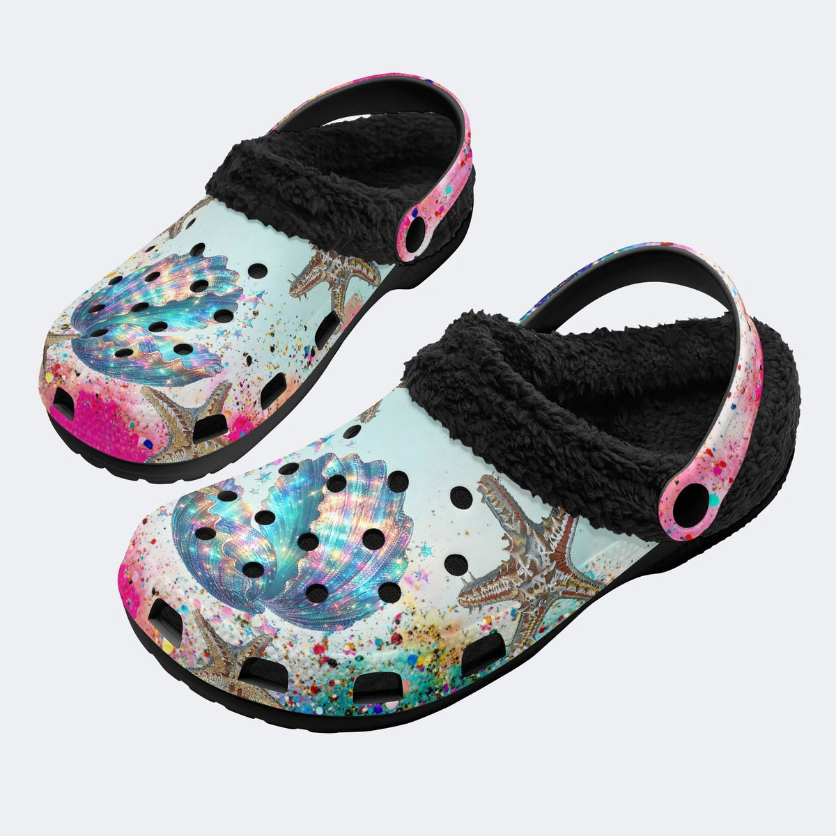 Colorful shells and starfish - Fur Lined Slippers/Sandals