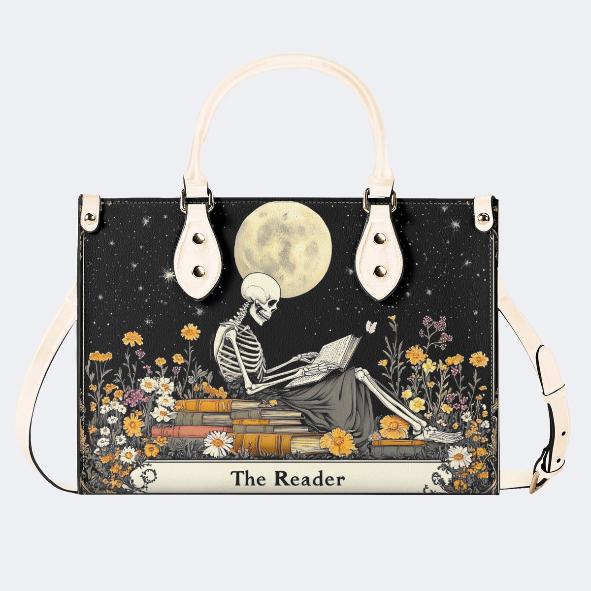 Skeleton Reading A Book Among Flowers - Leather Handbag