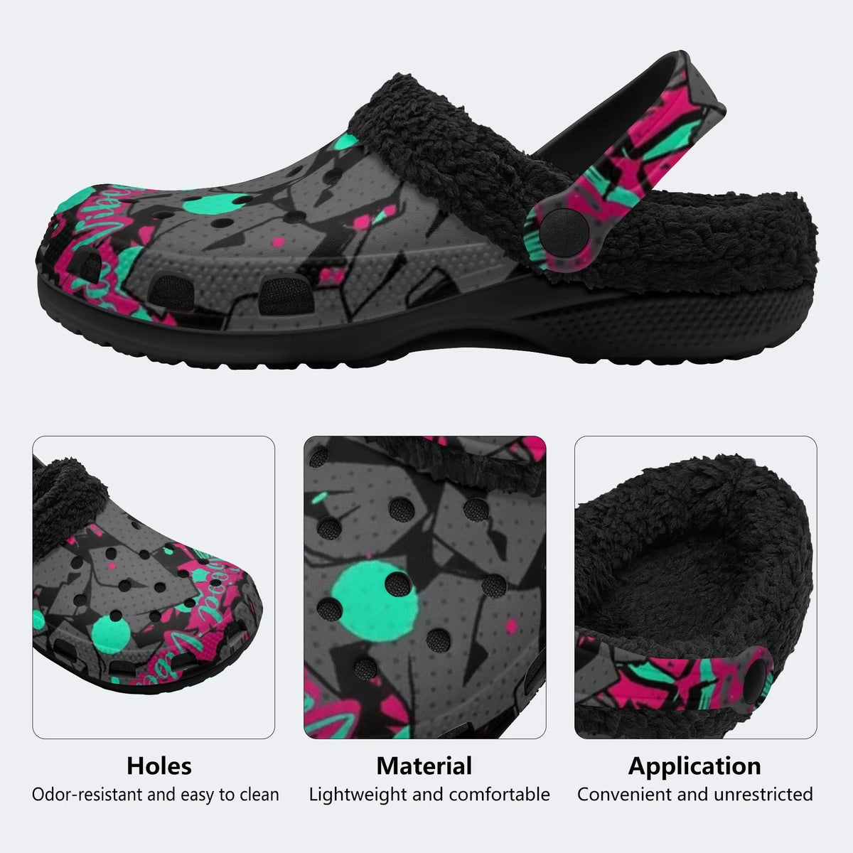 Pink Teal Street Graffiti - Fur Lined Slippers/Sandals