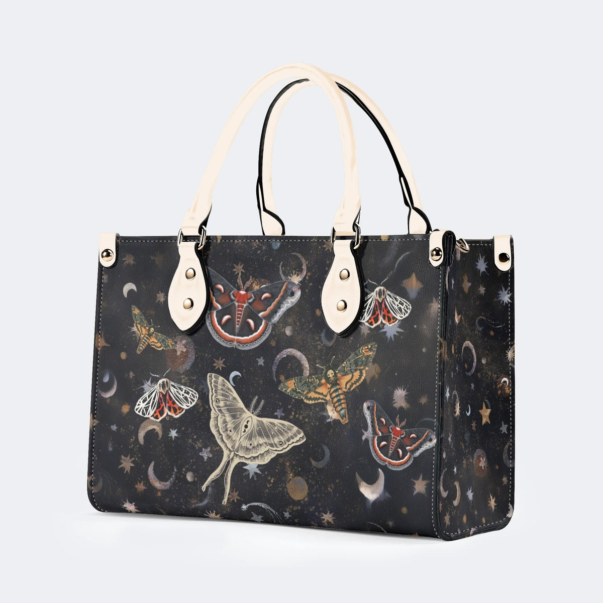 Retro Dark Moth Print - Leather Handbag