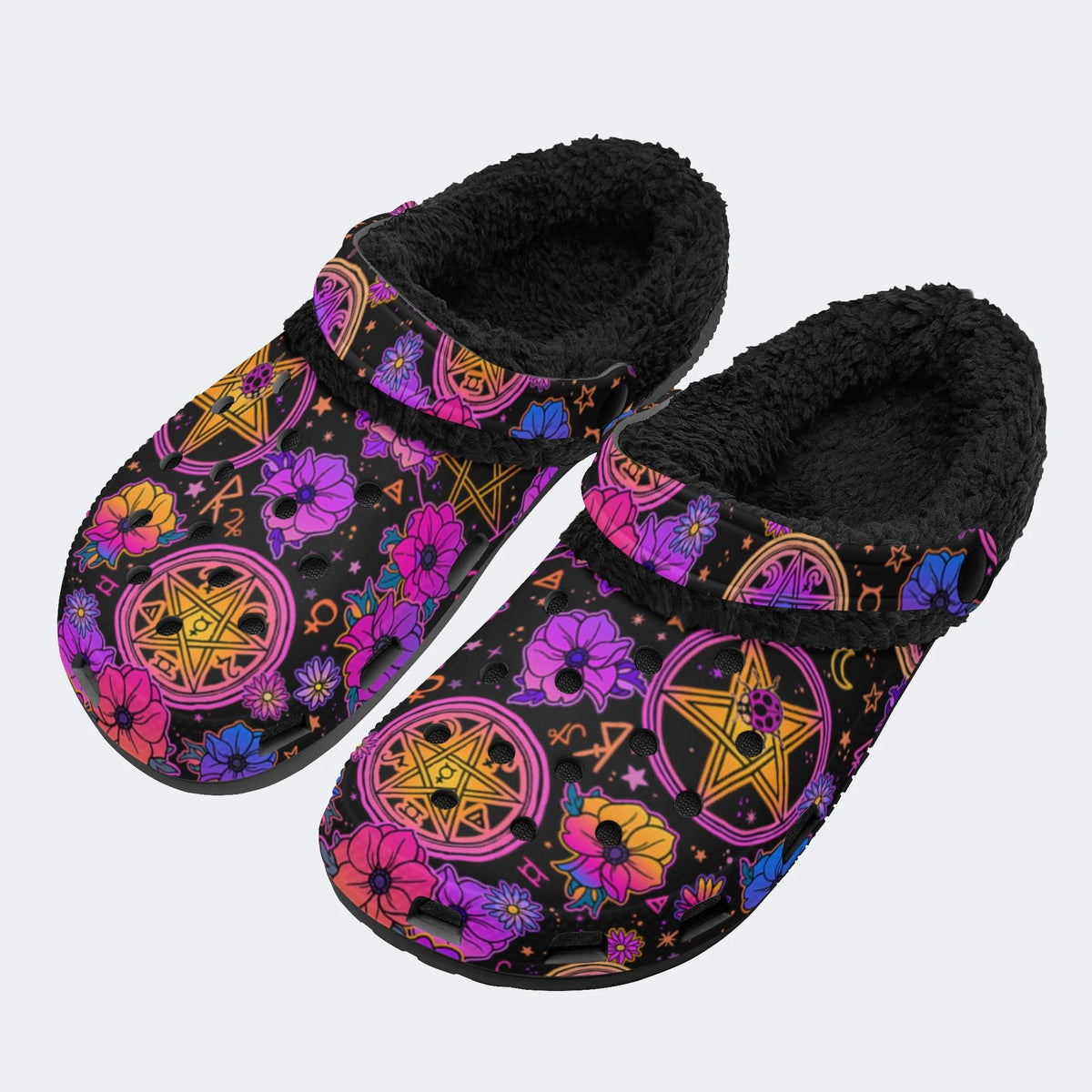 Magical Symbols&Flowers Print- Fur Lined Slippers/Sandals