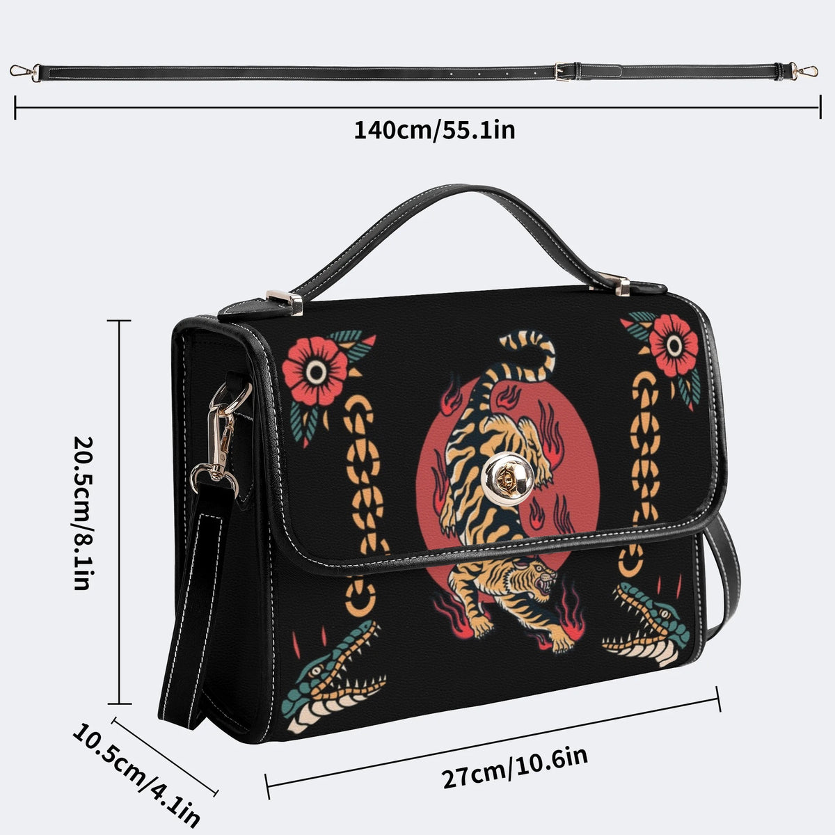 Old School Tiger & Crocodile Print - Leather Satchel Bag