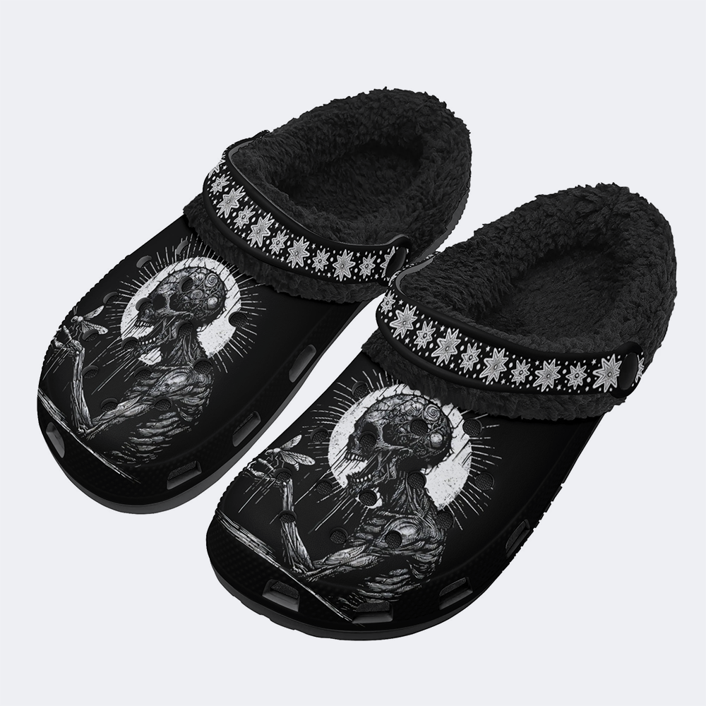 Skull Death Moth Print - Fur Lined Slippers/Sandals