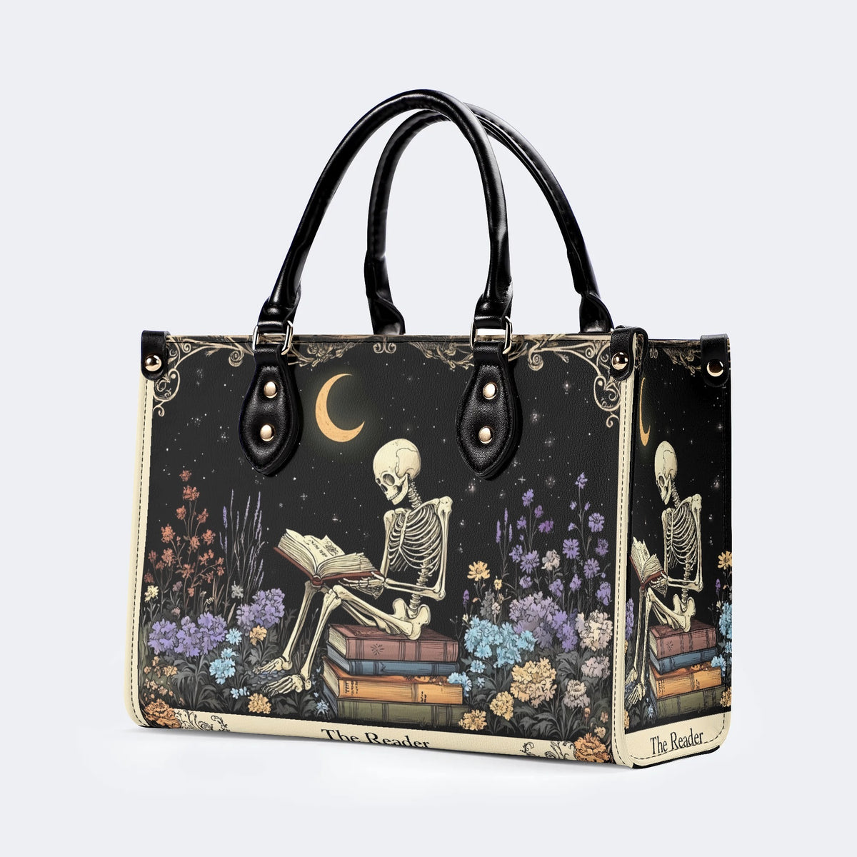 Skeleton Reading A Book Among Flowers - Leather Handbag