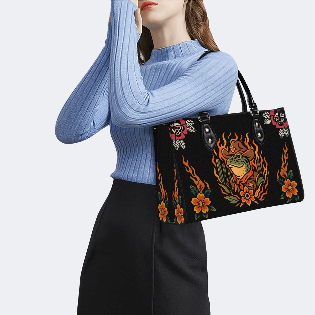 Flame Cowboy Frog Print - Leather Handbag