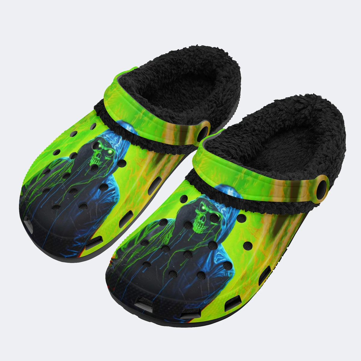 Unisex Retro Skull Graphic Print - Fur Lined Slippers